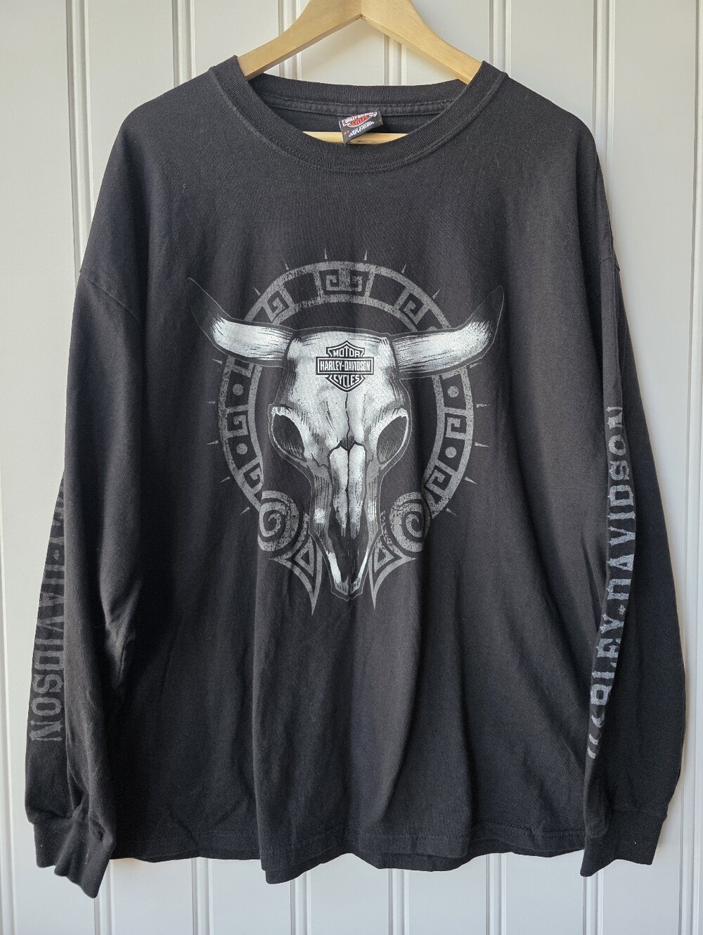 Vintage 2005 Harley Davidson Steer Skull Long Sleeve Biker Shirt Mens 2X
